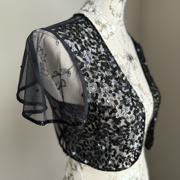 Vintage Y2K XL Micro Mesh Sequined Short Sleeve Bolero Shrug - Picture 3 of 6